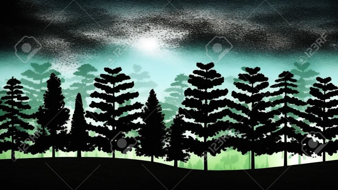 Silhouetten von Bäumen im Wald
