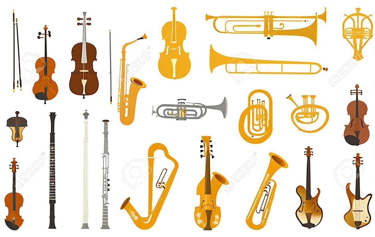 Set di strumenti musicali moderni design piatto vettoriale. Un gruppo di strumenti d'orchestra. Illustrazioni piatte di strumenti musicali isolati su sfondo bianco.