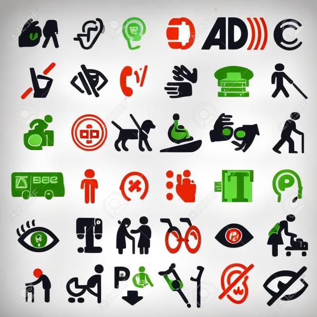 Grande conjunto de ícones de acessibilidade com sinal diferente.