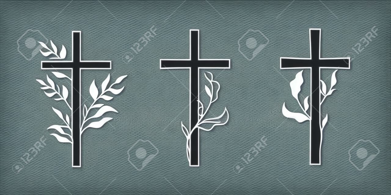 Krzyż religijny projekt pogrzebu z gałęziami. ilustracja wektorowa