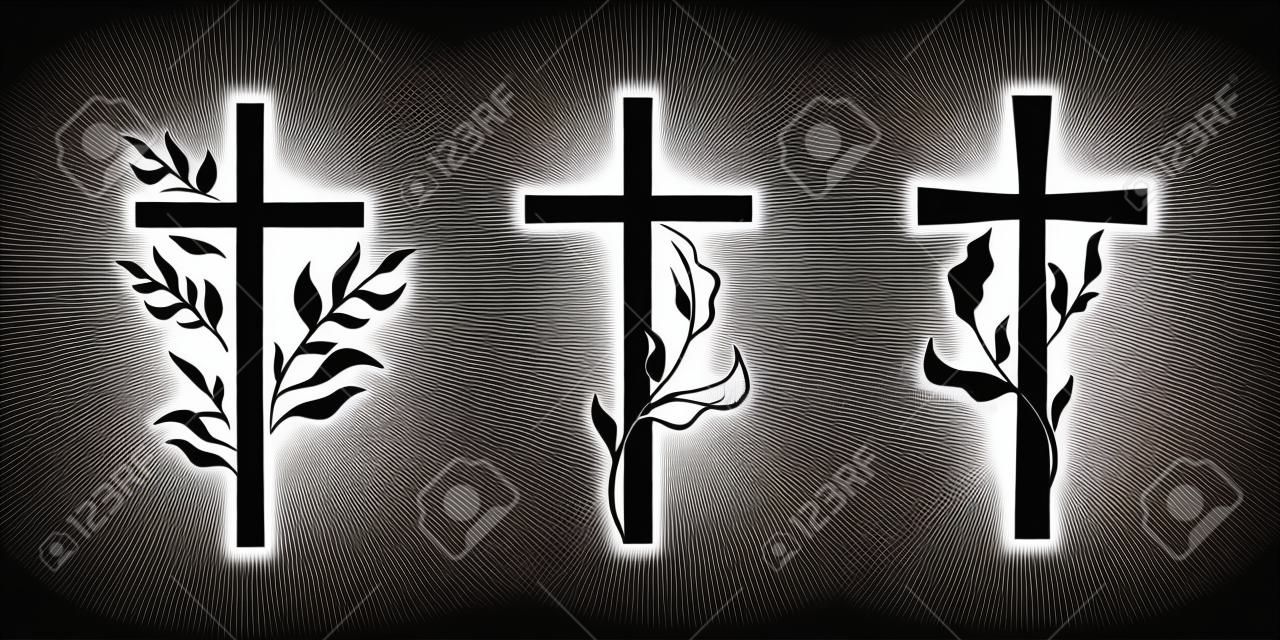 Cross religious Funeral design with branches. vector illustration