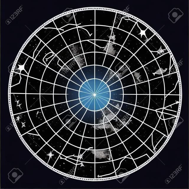 Hohe detaillierte Himmelskarte des südlichen Halbkugel mit Namen von Sternen und Sternbildern Vektor