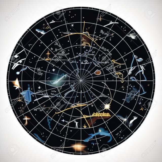 Mapa del cielo detallado alto del hemisferio norte con nombres de estrellas y constelaciones de vectores de colores