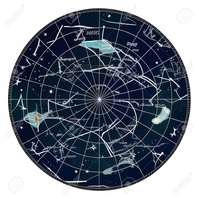 Haute carte détaillée ciel de l'hémisphère nord avec des noms d'étoiles et de constellations vecteur de couleur