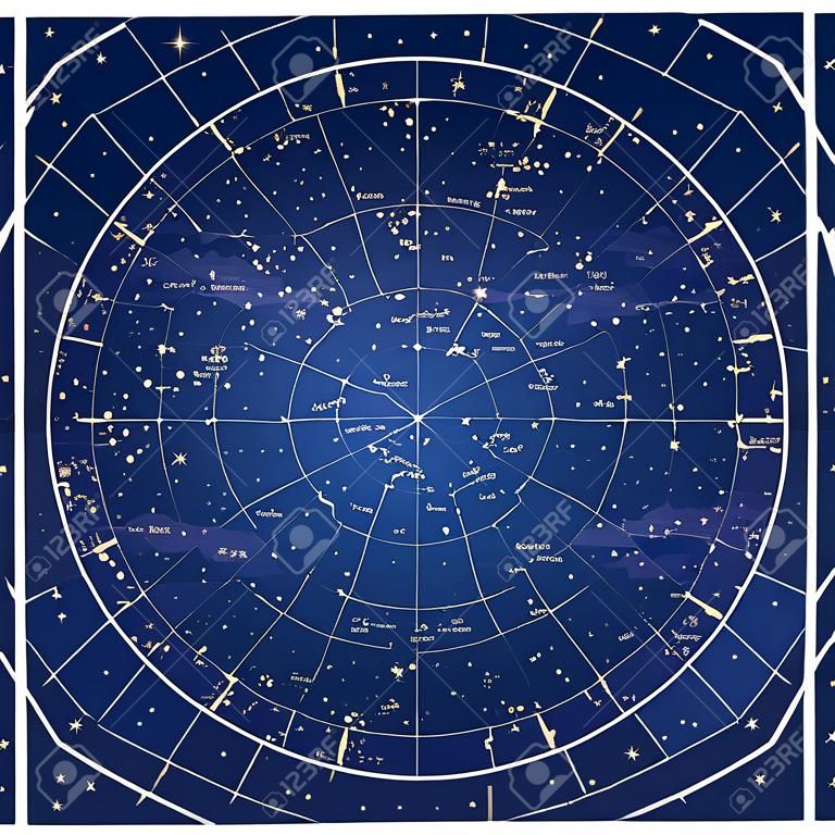 Haute carte détaillée ciel de l'hémisphère nord avec des noms d'étoiles et de constellations vecteur de couleur