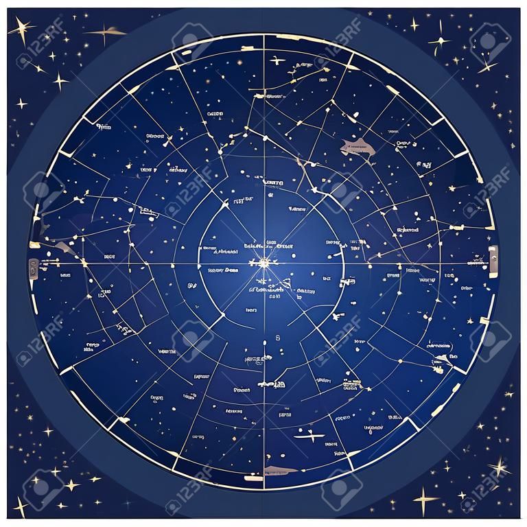 Mapa alto detalhado do céu do hemisfério norte com nomes de estrelas e constelações vetor colorido