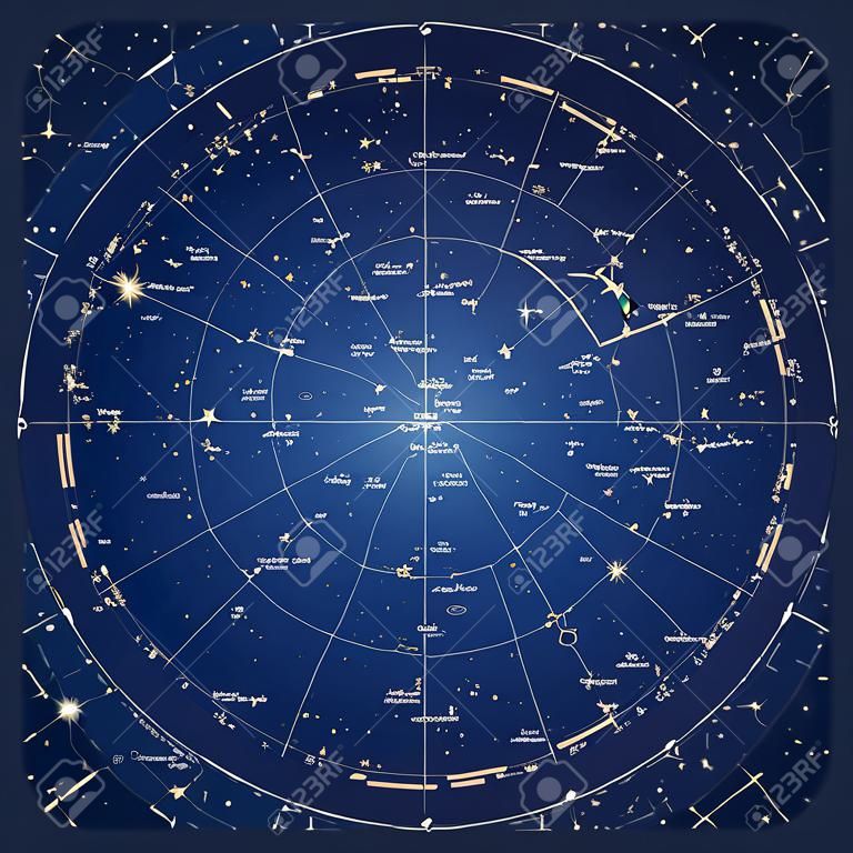Alta dettagliata mappa del cielo dell'emisfero settentrionale con vettore di nomi di stelle e costellazioni colorato