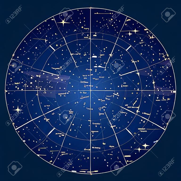 High detailed sky map of Northern hemisphere with names of stars and constellations colored vector