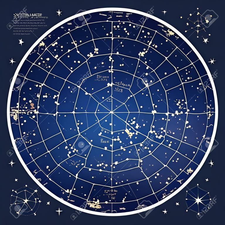 Высокие подробную карта звездного неба Южного полушария с имена звезд и созвездий Цветные иллюстрации