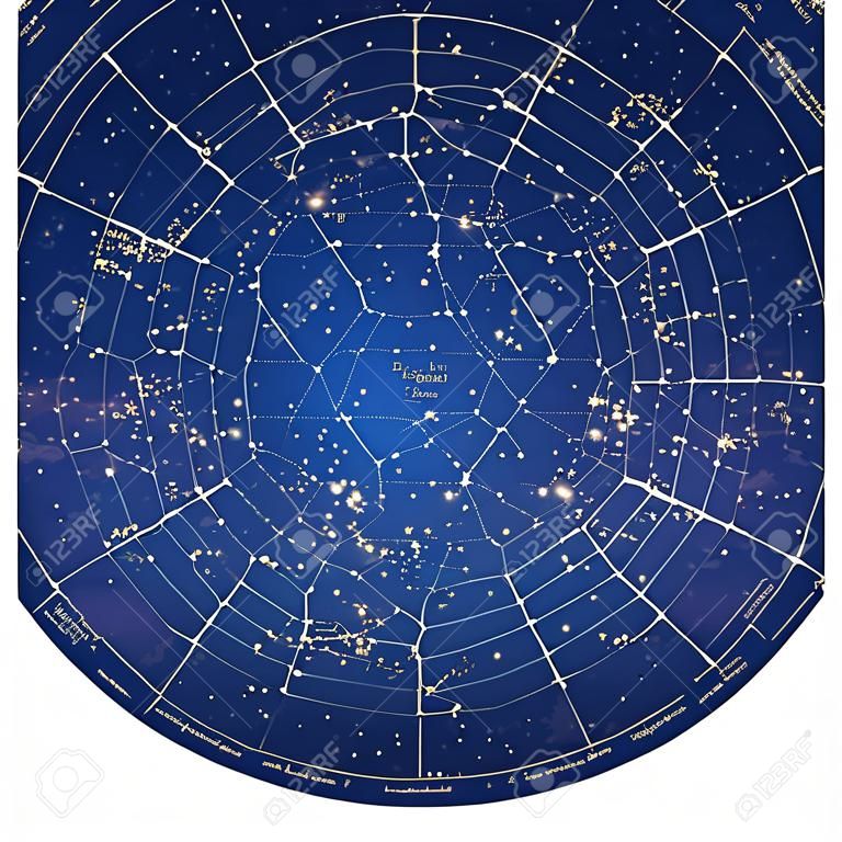 Alta dettagliata mappa del cielo del Sud del mondo con vettore nomi di stelle e costellazioni colorato