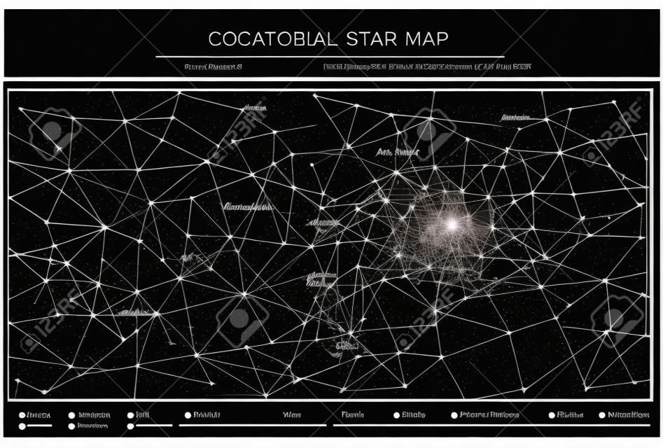 Mapa estelar detalhado alto com nomes de contelações de estrelas e objetos Messier vetor preto e branco