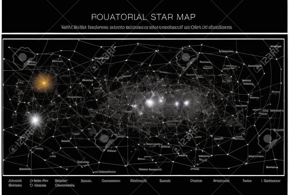 Hoge gedetailleerde sterrenkaart met namen van sterrenbeelden en Messier objecten zwart-wit vector