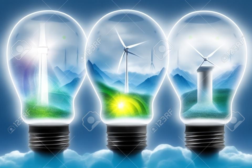 Conceptual image of a light bulb with eolic energy, wind turbines, wind energy and Clean Renewable Energy inside it. ai generated art