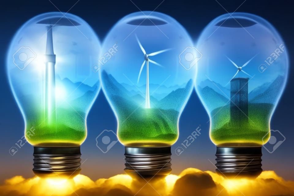 Conceptual image of a light bulb with eolic energy, wind turbines, wind energy and Clean Renewable Energy inside it. ai generated art
