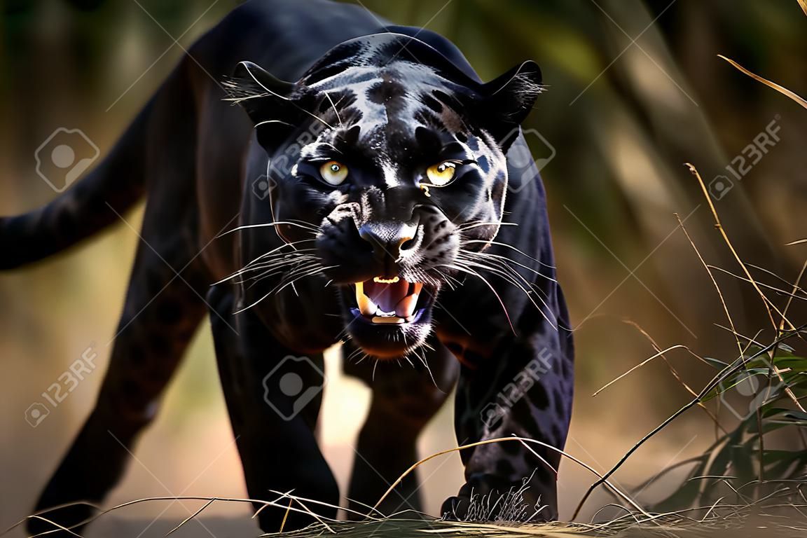 Splendido giaguaro nero selvaggio e arrabbiato che guarda la fotocamera straordinaria intelligenza artificiale generativa della fauna selvatica