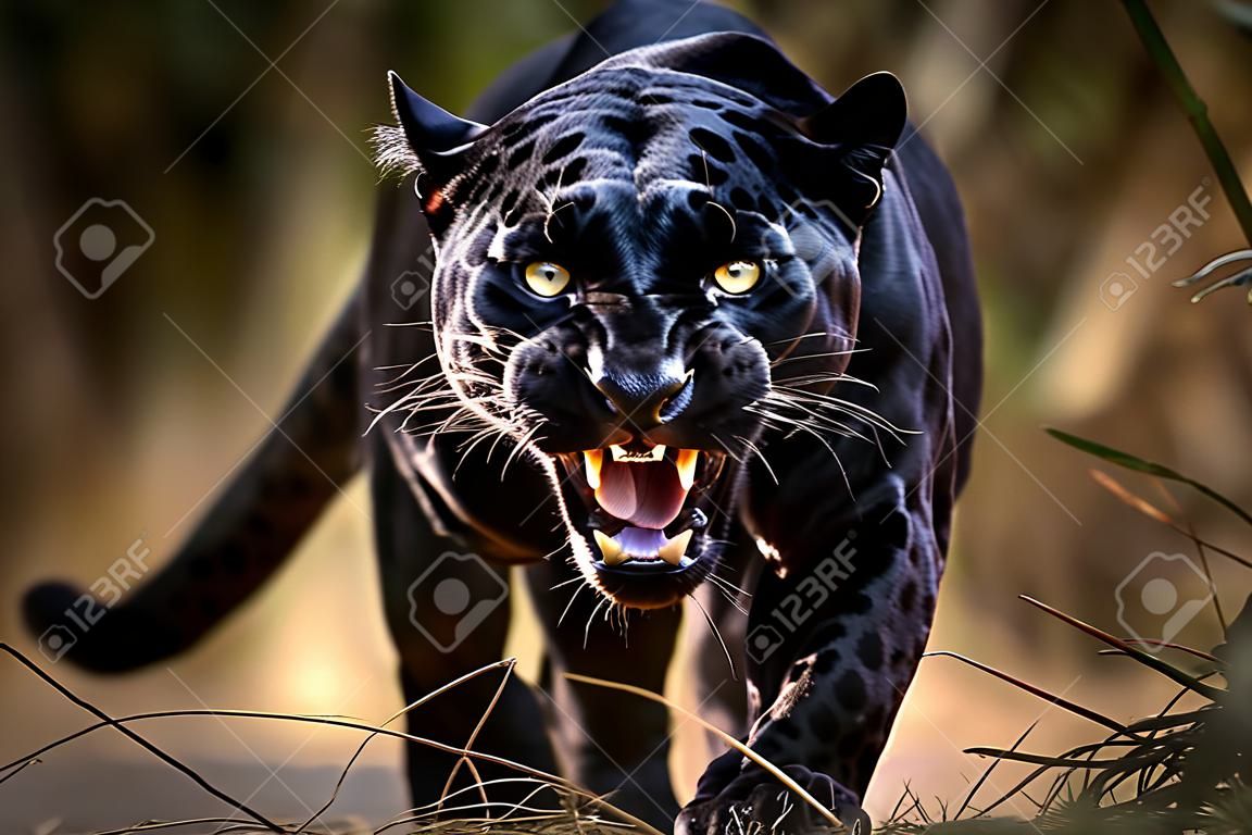 Splendido giaguaro nero selvaggio e arrabbiato che guarda la fotocamera straordinaria intelligenza artificiale generativa della fauna selvatica