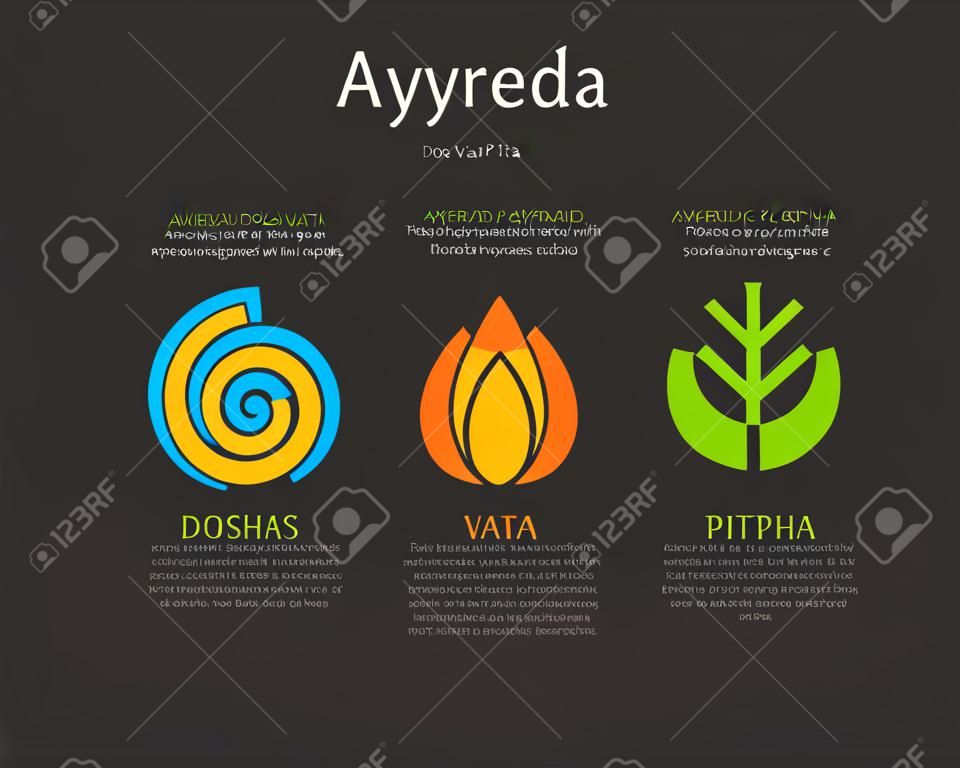 Ayurveda illustration doshas vata, pitta, kapha. Ayurvedic body types. Ayurvedic infographic. Healthy lifestyle. Harmony with nature.