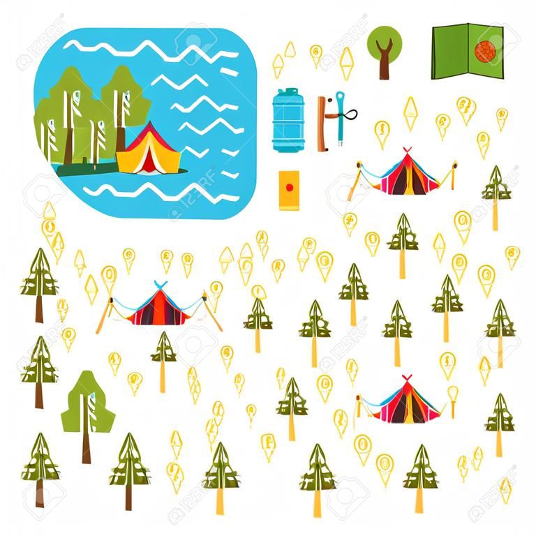 Template om een kaart van de camping te maken. Tent kamperen in het bos op de kaart. Vector beeld geïsoleerd op witte achtergrond