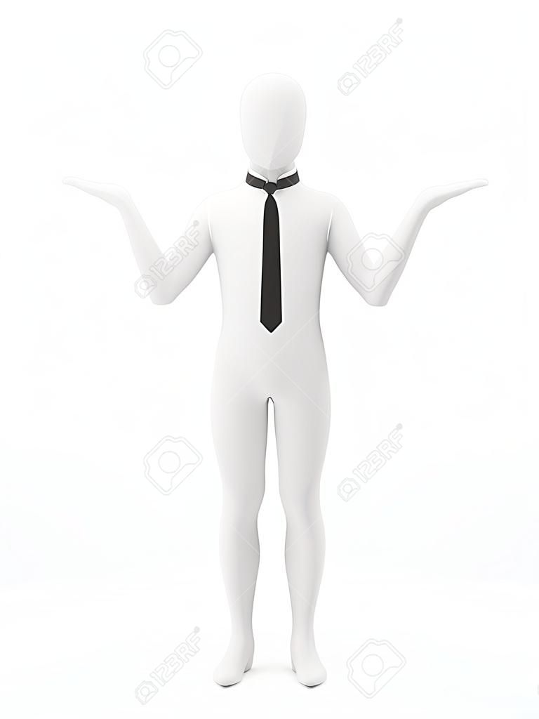 Business man dressed in white leotard with black tie standing straight with hands raised, wondering gesture