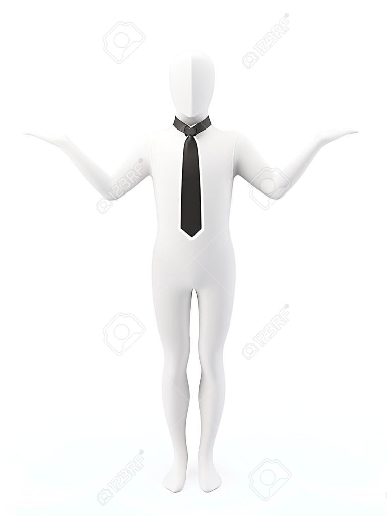 L'homme d'affaires vêtue de justaucorps blanc avec cravate noire se tenant droit avec les mains levées, se demandant geste