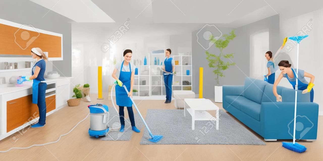 same woman cleaning living room, digital composite image