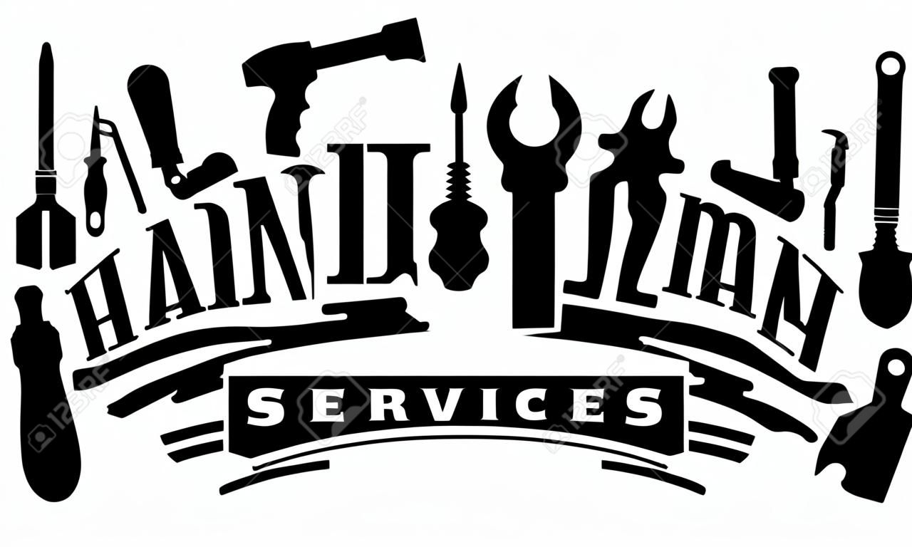 Heimwerkerservicevektordesign für Ihr Logo oder Emblem mit Biegungsfahne und Satz Arbeitskraftwerkzeugen im Schwarzen. Es gibt Schraubenschlüssel, Schraubendreher, Hammer, Zange, Lötkolben, Schrott.