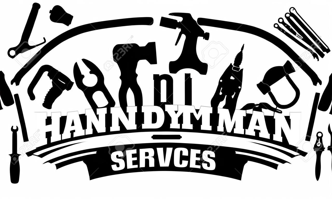 Handyman services vector design for your logo or emblem with bend banner and set of workers tools in black. There are wrench, screwdriver, hammer, pliers, soldering iron, scrap.