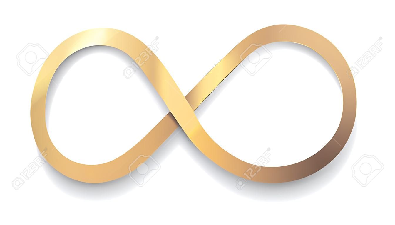 Simbolo di infinito oro con ombra isolata su sfondo bianco. illustrazione vettoriale
