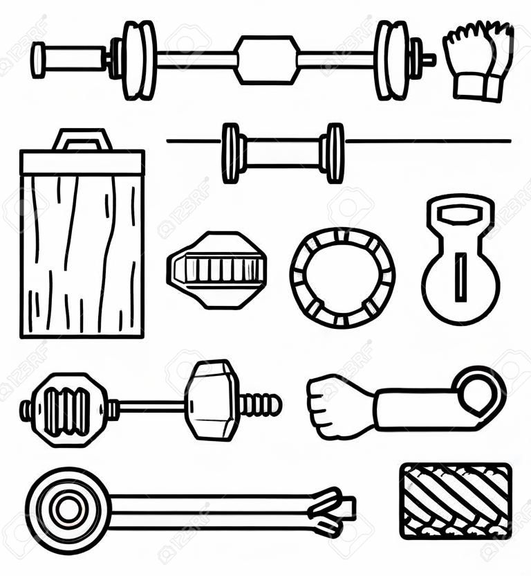 Set of crossfit gym equipment line icons of dumbbell, gymnastics grips ,dumbbells, fitball, jump rope, weight lifting, med ball and tire. Line icon set.  Crossfit training tools.