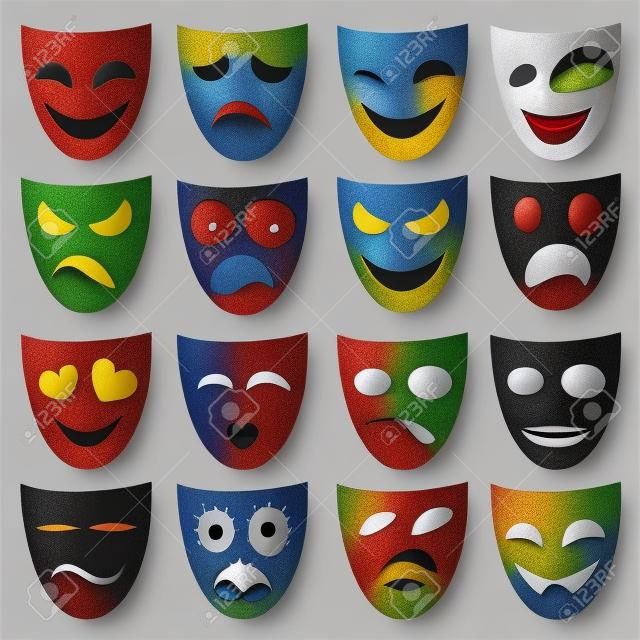 Isolated theatre masks expressing different emotions