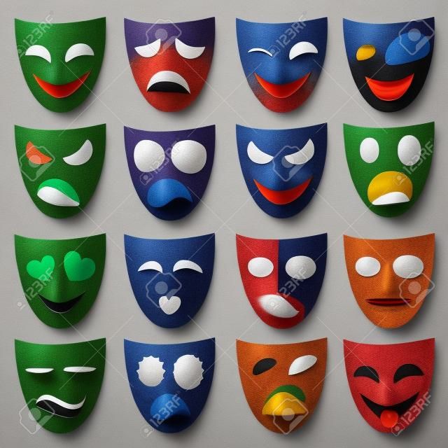 Isolierte Theater-Masken, die verschiedene Emotionen auszudrücken