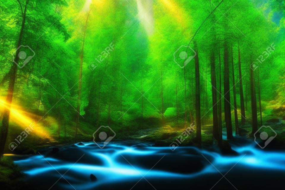 río de montaña que fluye a través del bosque verde. fresca de primavera la corriente de agua limpia. zona ecológicamente limpia. La puesta del sol. iluminación espectacular