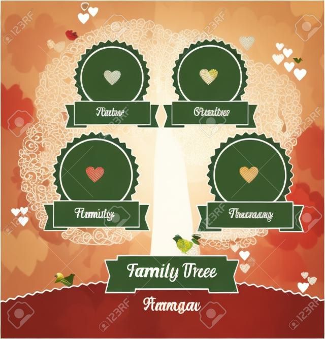 vector template for a family tree. Use a template to create a family album. Tree frame, ribbon, ornaments, hearts, birds