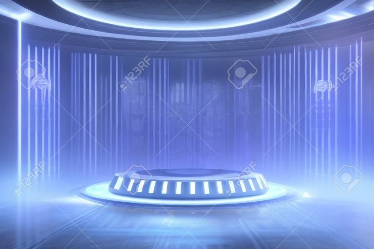 High-tech product podium platform studio in spaceship with electric wire lamp and engine background. Hi-tech retro stage and Future science and technology theme. 3D illustration rendering graphic