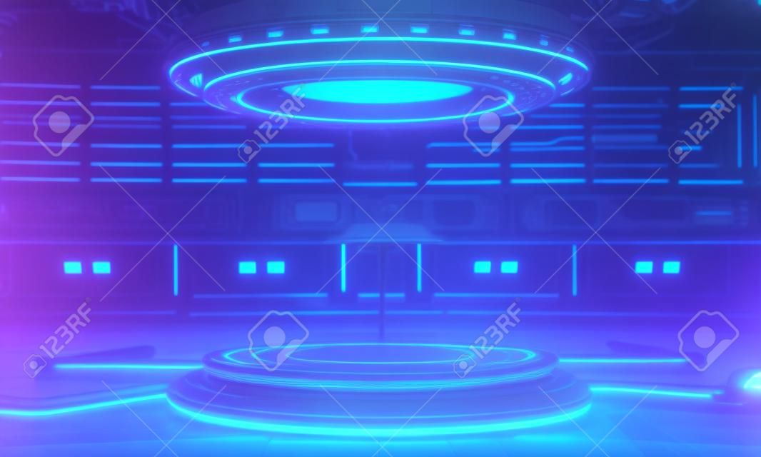Vetrina del podio del prodotto di fantascienza cyberpunk nella base dell'astronave con sfondo blu e rosa. Tecnologia e concetto di oggetto. Rendering di illustrazioni 3D