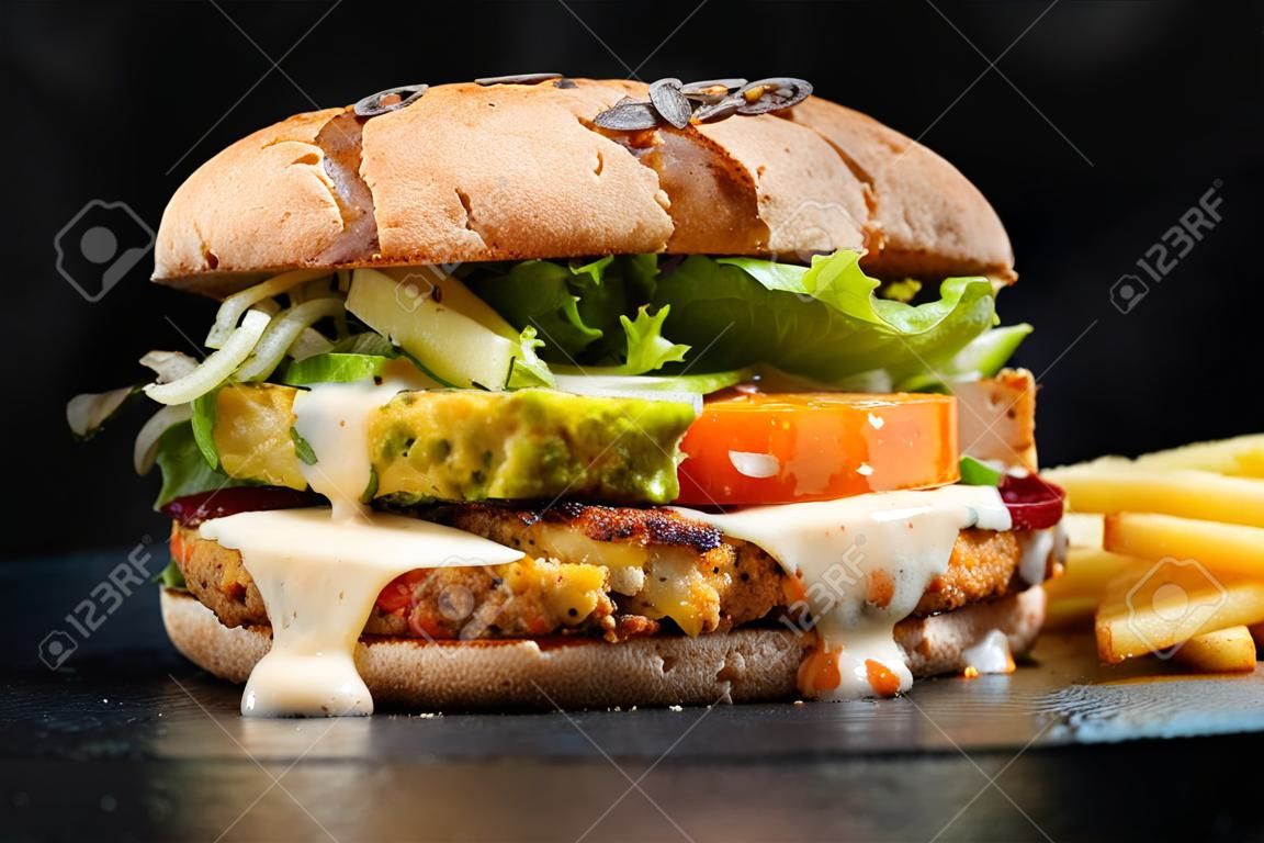 Hambúrguer vegetariano enorme com hambúrguer de batata, salada, queijo.