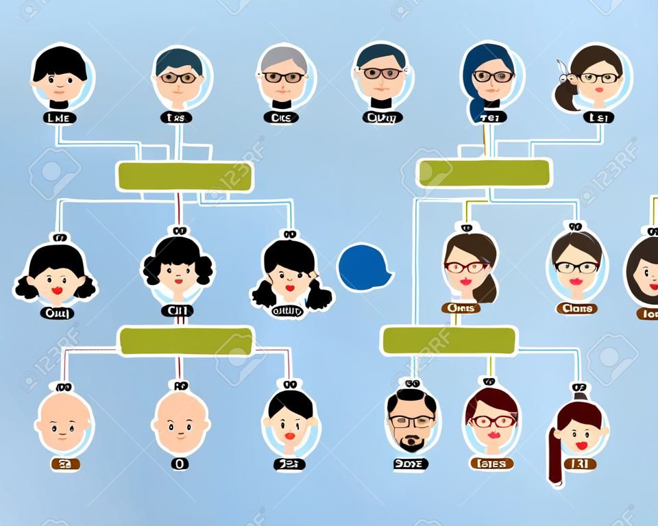 Icons  Family Tree, A diagram on a genealogical tree, on blue background 