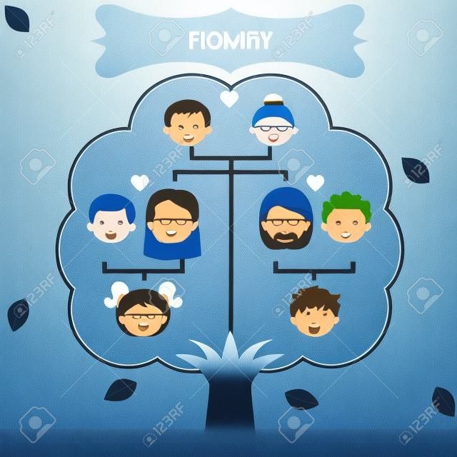 Icons Stammbaum und ein Diagramm auf einem Stammbaum, auf blauem Hintergrund