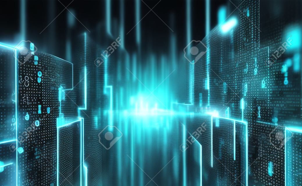 Future digital city concept. Blockchain technology. Abstract information network in global cyberspace. 3D illustration of data blocks in a cloud database. Computer binary code