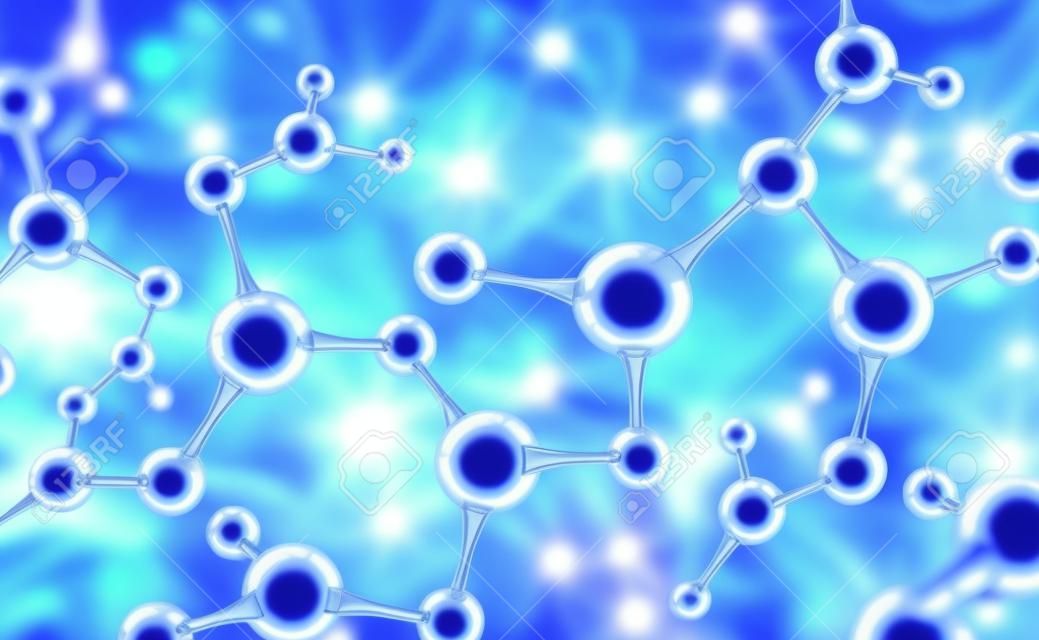 Abstraktes Molekülmodell. Wissenschaftliche Forschung in der Molekularchemie. 3D-Darstellung auf perlblauem Hintergrund