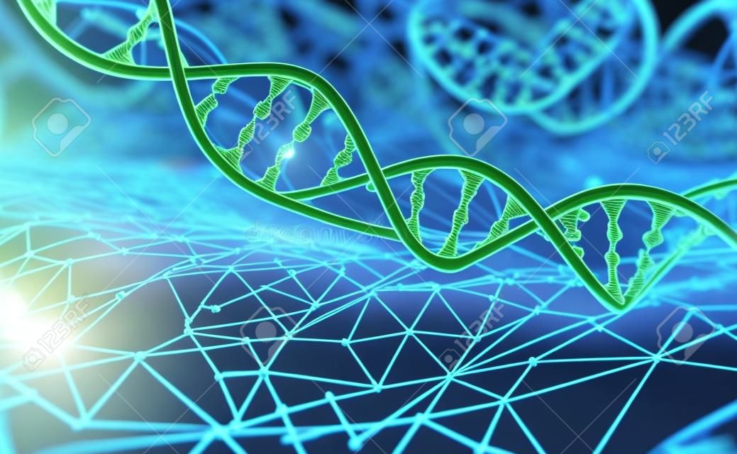 DNA helix 3D illustration. Mutations under microscope. decoding genome. Virtual modeling of chemical processes. Hi-tech medicine