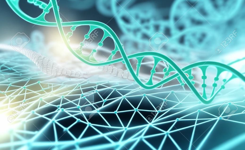 DNA helix 3D illustratie. mutaties onder microscoop. decoderen genoom. Virtuele modellering van chemische processen. Hi-tech geneeskunde