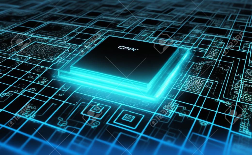 Ilustração 3D abstrata da CPU. Processador futurista e computador quântico. Tecnologia digital no ciberespaço global