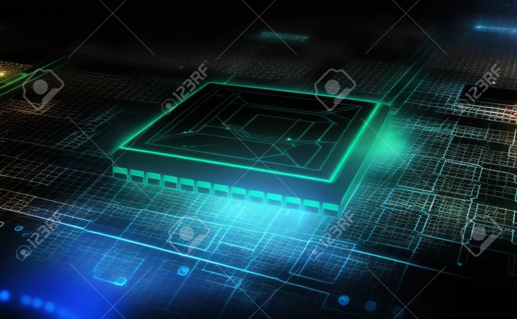 Quantum processor, CPU, futuristic computer circuit. High technology cyberspace. Realistic 3D illustration