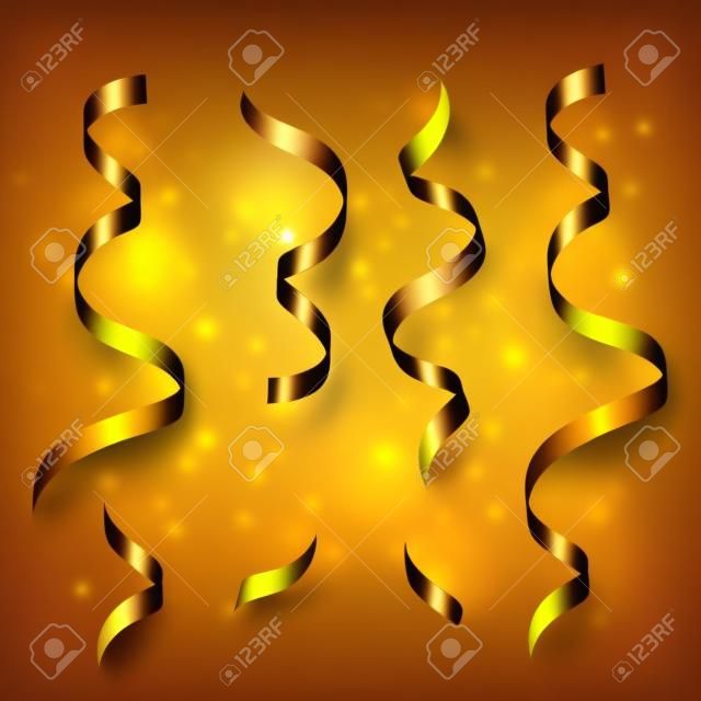 Gold streamers set. Golden serpentine ribbons, isolated on transparent background. Decoration for party, birthday celebrate or Christmas carnival, New Year gift. Festival decor. Vector illustration