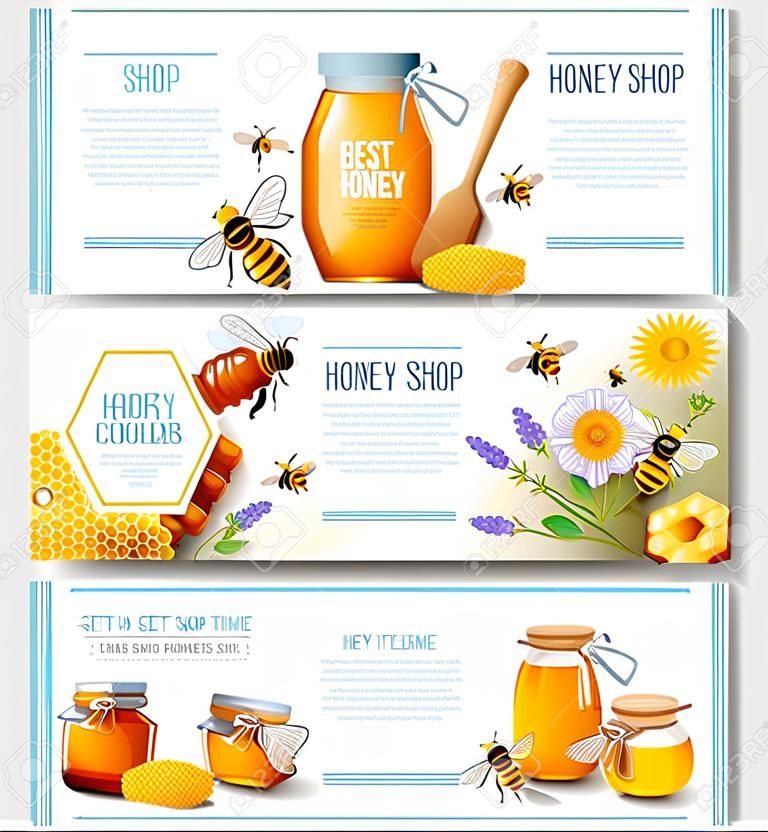 Set of banner templates with honey products. Honey shop.Illustration of a jar of honey, honeycombs, bees, flowers. Design for label, flyer, poster, advertising