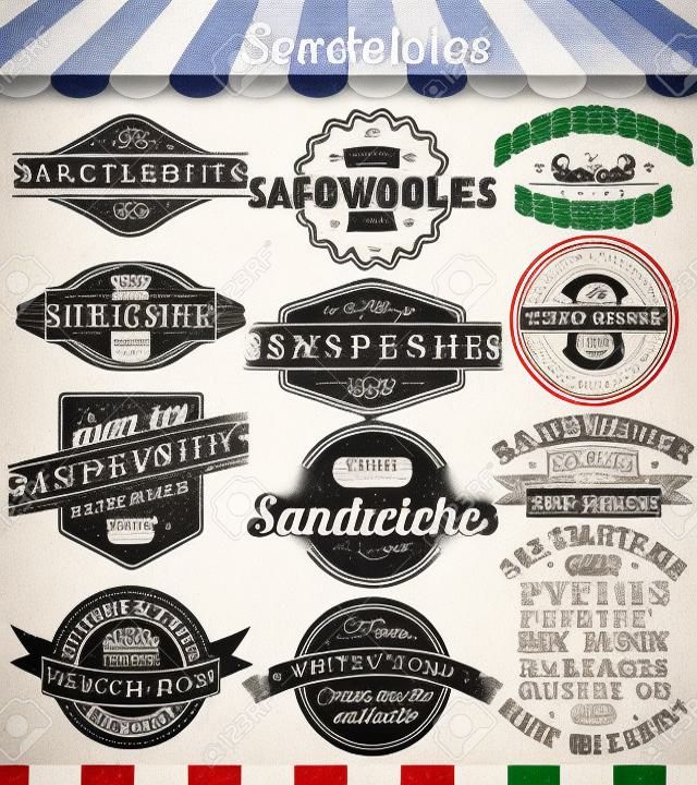 Белый набор сэндвичей ретро старинные этикетки, значки и логотипы на доске.