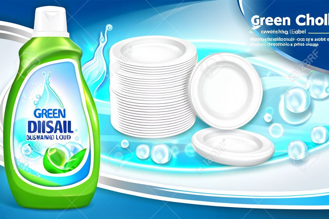 Yeşil renkli bulaşık deterjanı ürün reklamının 3D illüstrasyon vektör Plastik şişe etiket tasarımı. Bulaşık deterjanı veya bulaşık deterjanı marka reklam afişi.