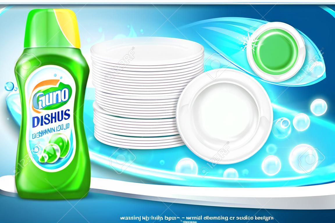 Illustrazione vettoriale 3d di colore verde lavare il prodotto liquido pubblicità prodotto. Design della etichetta della bottiglia di plastica. Liquido di lavaggio o poster di pubblicità al marchio di sapone da lavare.