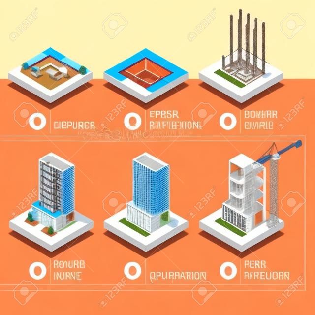 Apartment construction steps. Vector isometric illustration of excavation, footing reinforcement, columns casting, floor installation, walls building and ready to move in.